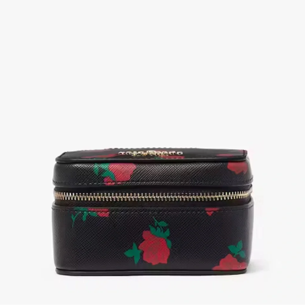 Kate Spade Madison Rose Toss Printed Jewelry Holder Case Box Black Red
